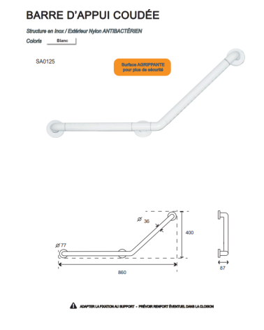 White angled bath support bar - designer handle
