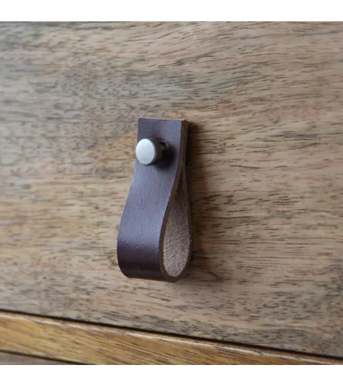 Dark brown leather pull furniture knob - designer handle