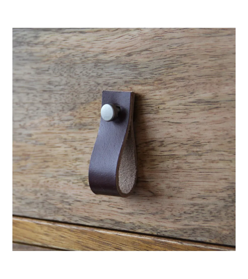 Dark brown leather pull furniture knob - designer handle