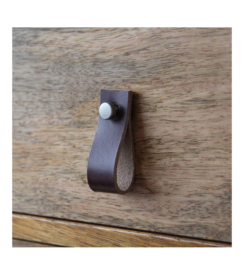 Dark brown leather pull furniture knob - designer handle