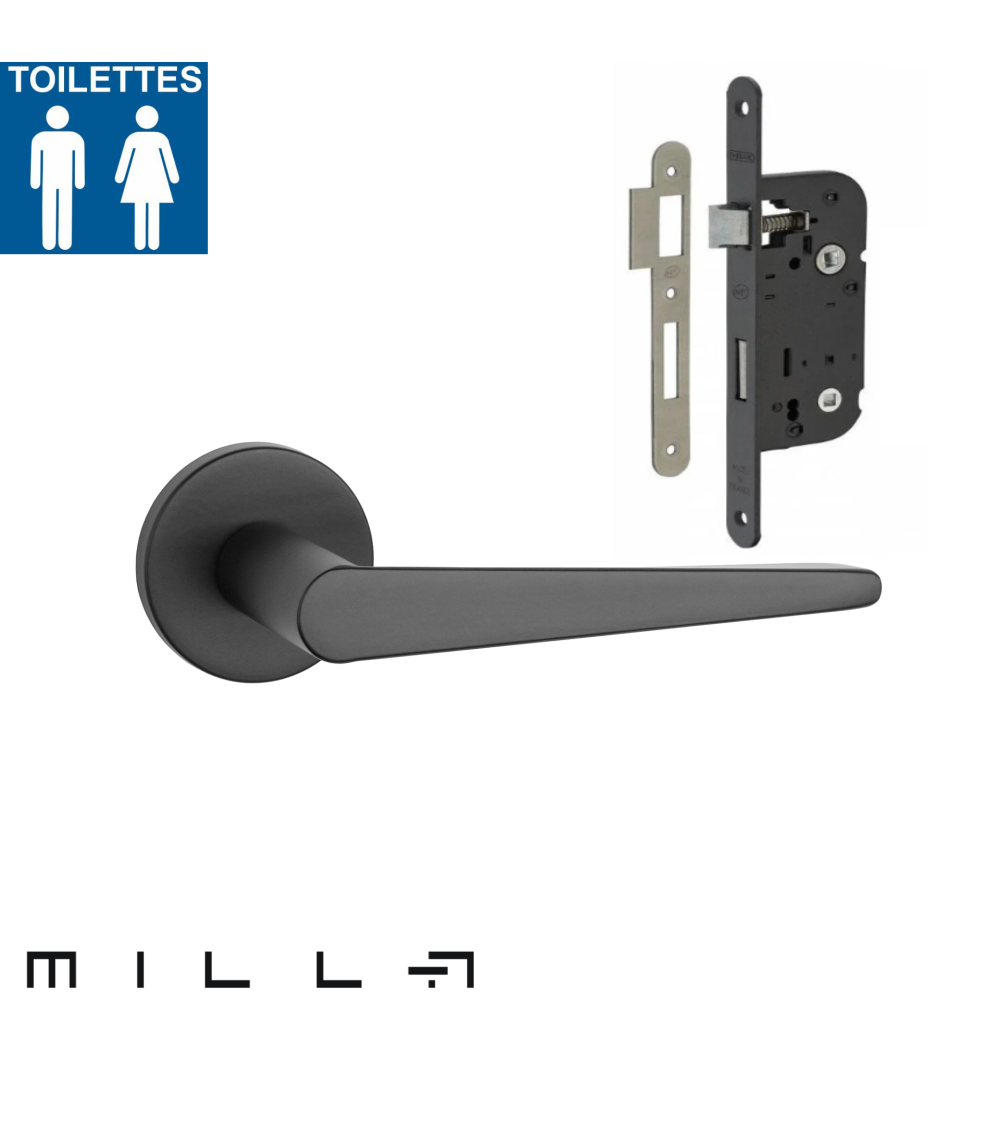 Black door handle with black WC lock for a toilet door on a white background