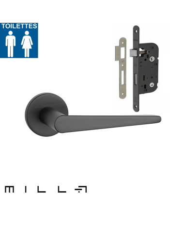 Black door handle with black WC lock for a toilet door on a white background