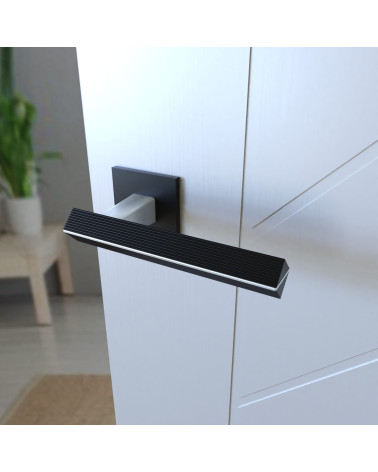 Two-tone brushed chrome/black CARRERA door handle designer handle top view mounted on a door