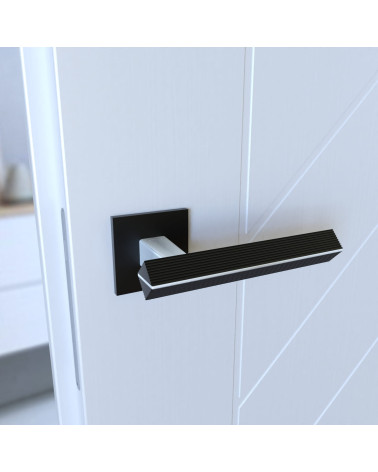 Two-tone brushed chrome/black CARRERA door handle designer handle mounted on a door angled view