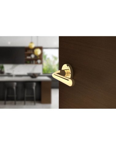 Polished gold HANDY door handle design handle side view mounted on a door