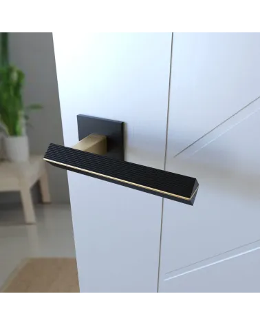 Two-tone matte gold/black CARRERA door handle design handle top view mounted on a door