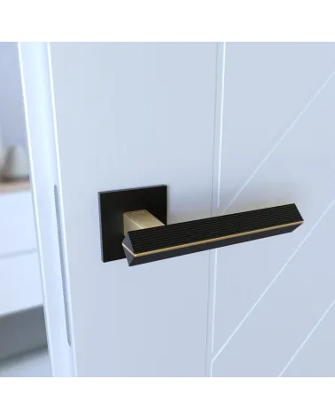 Two-tone matte gold/black CARRERA door handle design handle mounted on a door tilted view