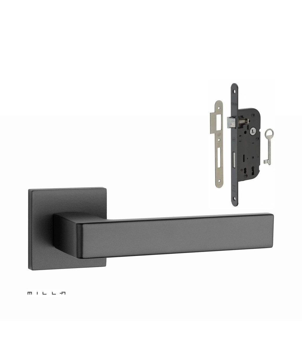 Black SULLA door handle set with black Bedroom Key lock on white background