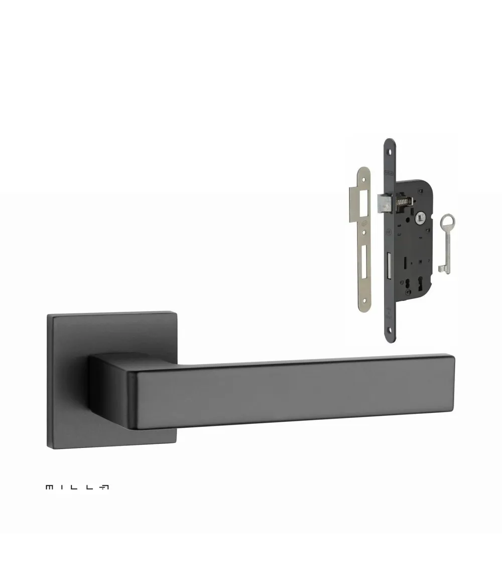Black SULLA door handle set with black Bedroom Key lock on white background