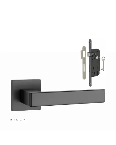 Black SULLA door handle set with black Bedroom Key lock on white background