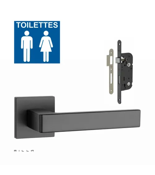 Black SULLA door handle set with black WC lock on white background