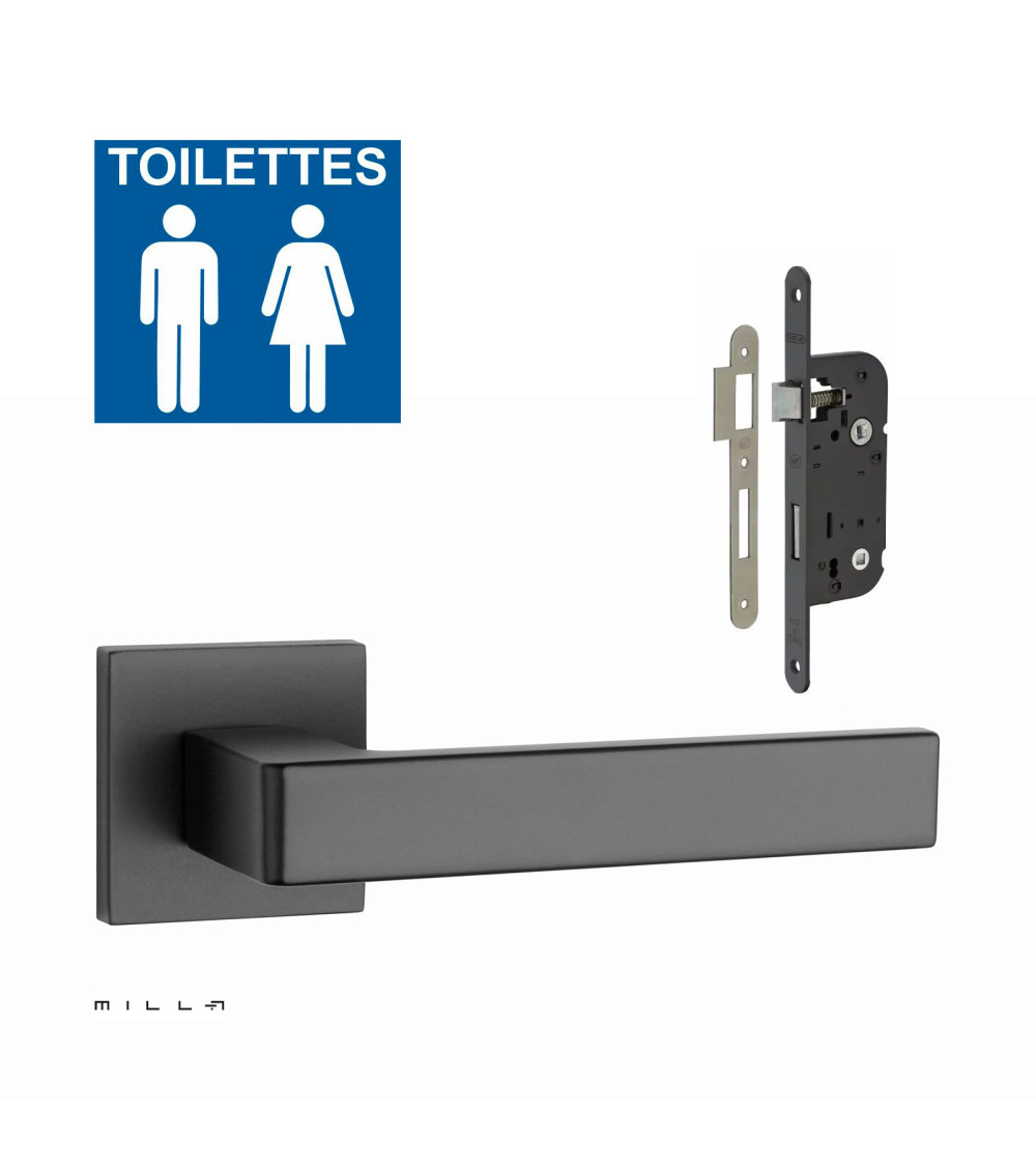 Black SULLA door handle set with black WC lock on white background
