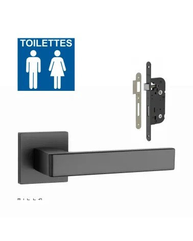 Black SULLA door handle set with black WC lock on white background