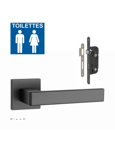 Black SULLA door handle set with black WC lock on white background