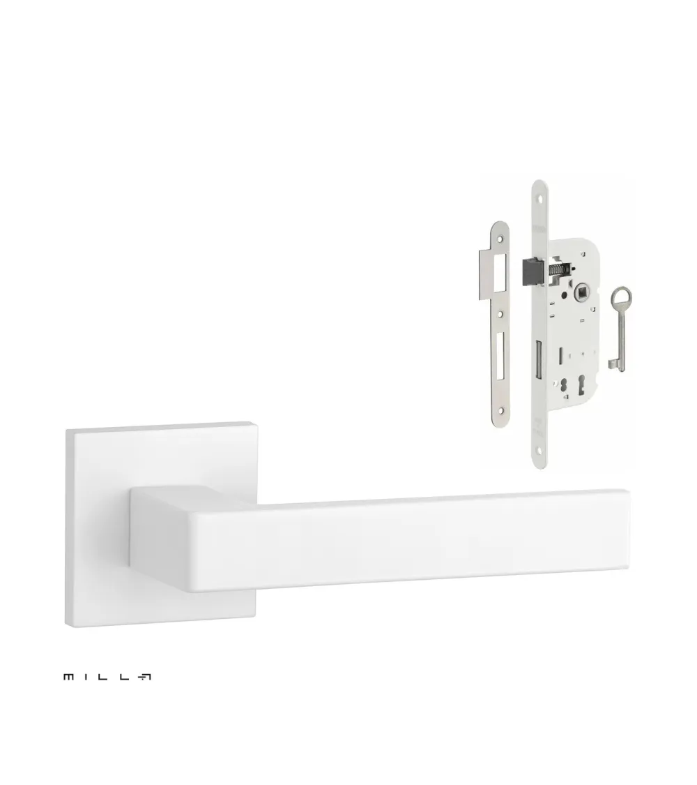 White SULLA door handle set with white Bedroom Key lock on white background