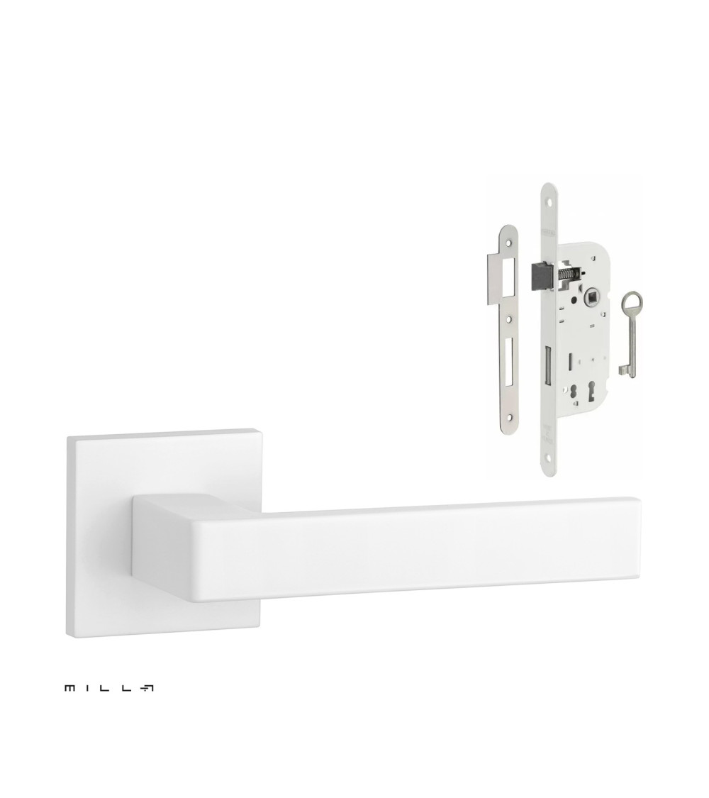 White SULLA door handle set with white Bedroom Key lock on white background