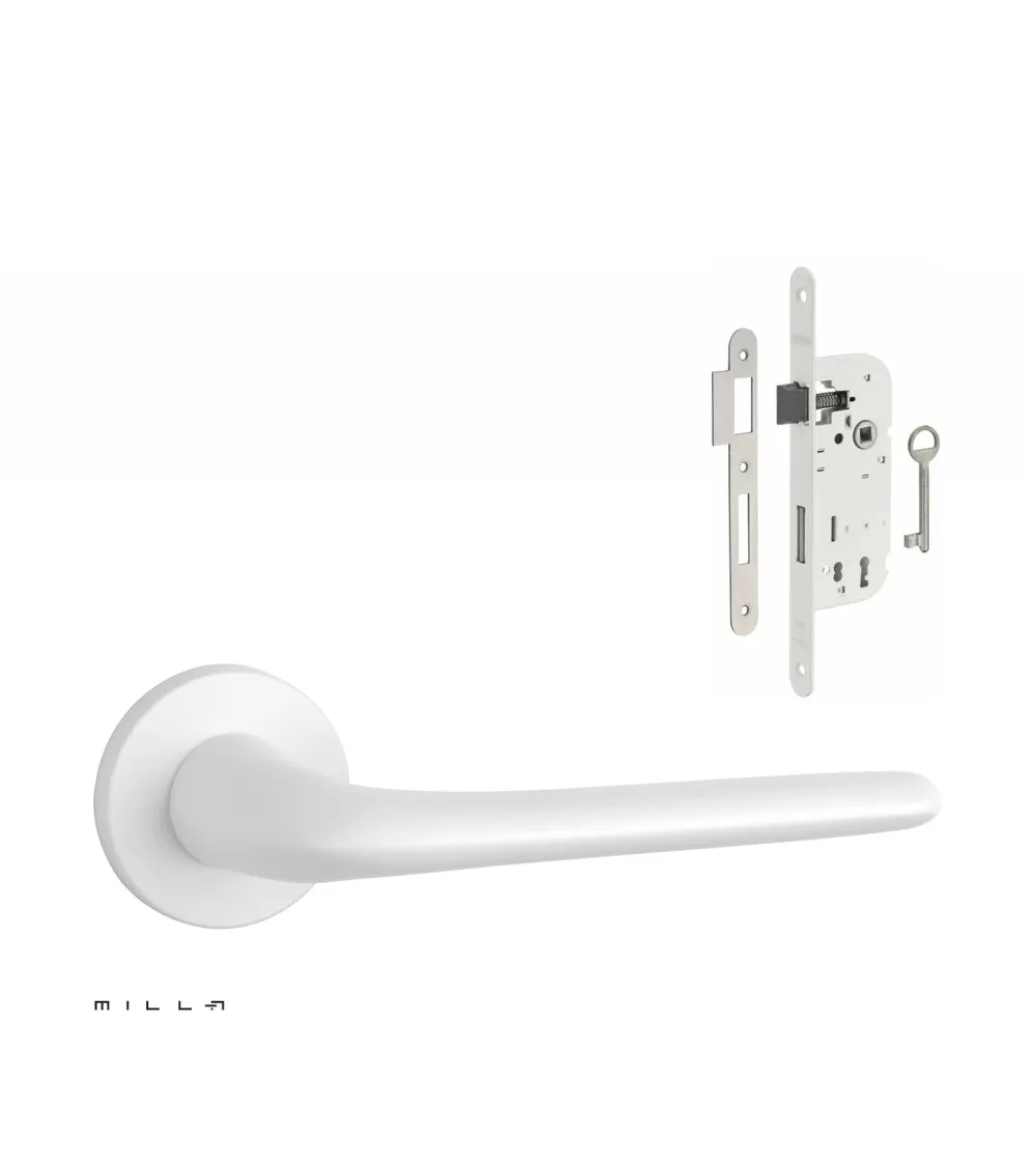 White AZALIA door handle set with white Bedroom Key lock on white background