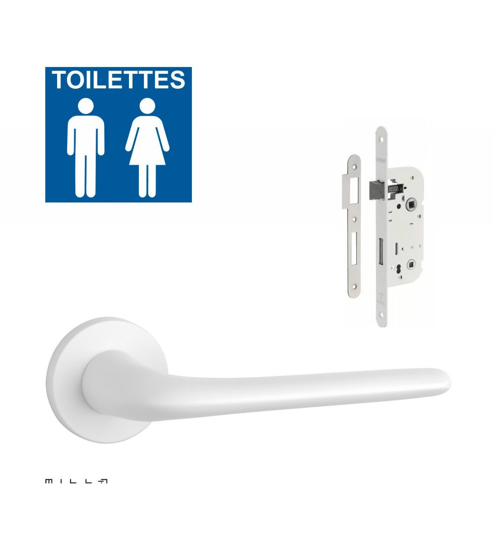 White AZALIA door handle set with white WC lock on white background