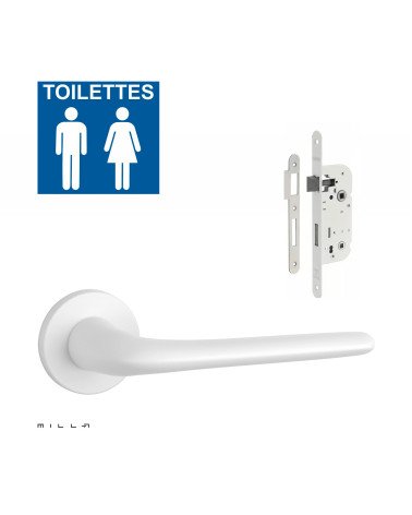 White AZALIA door handle set with white WC lock on white background