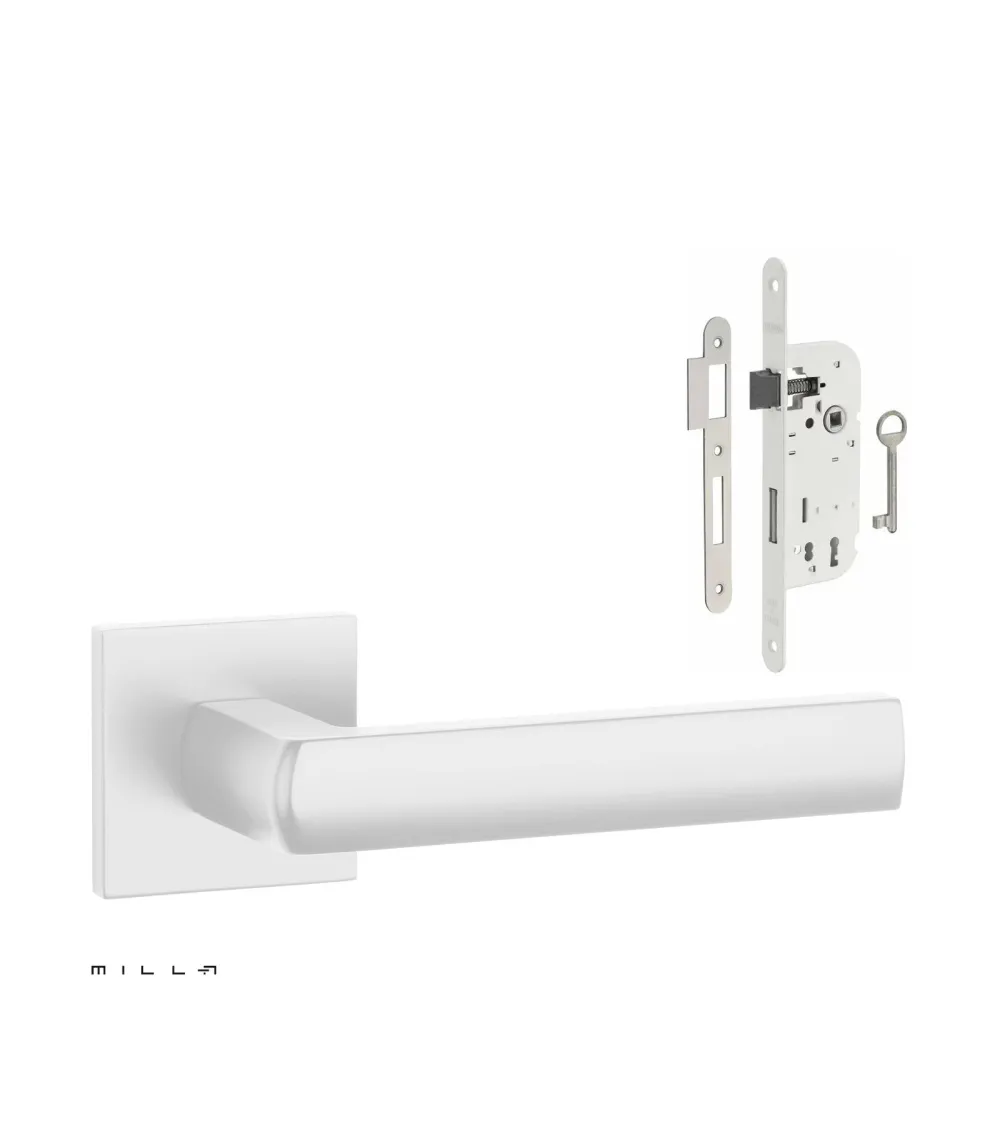 HOSTA white door handle set with white Bedroom Key lock on white background