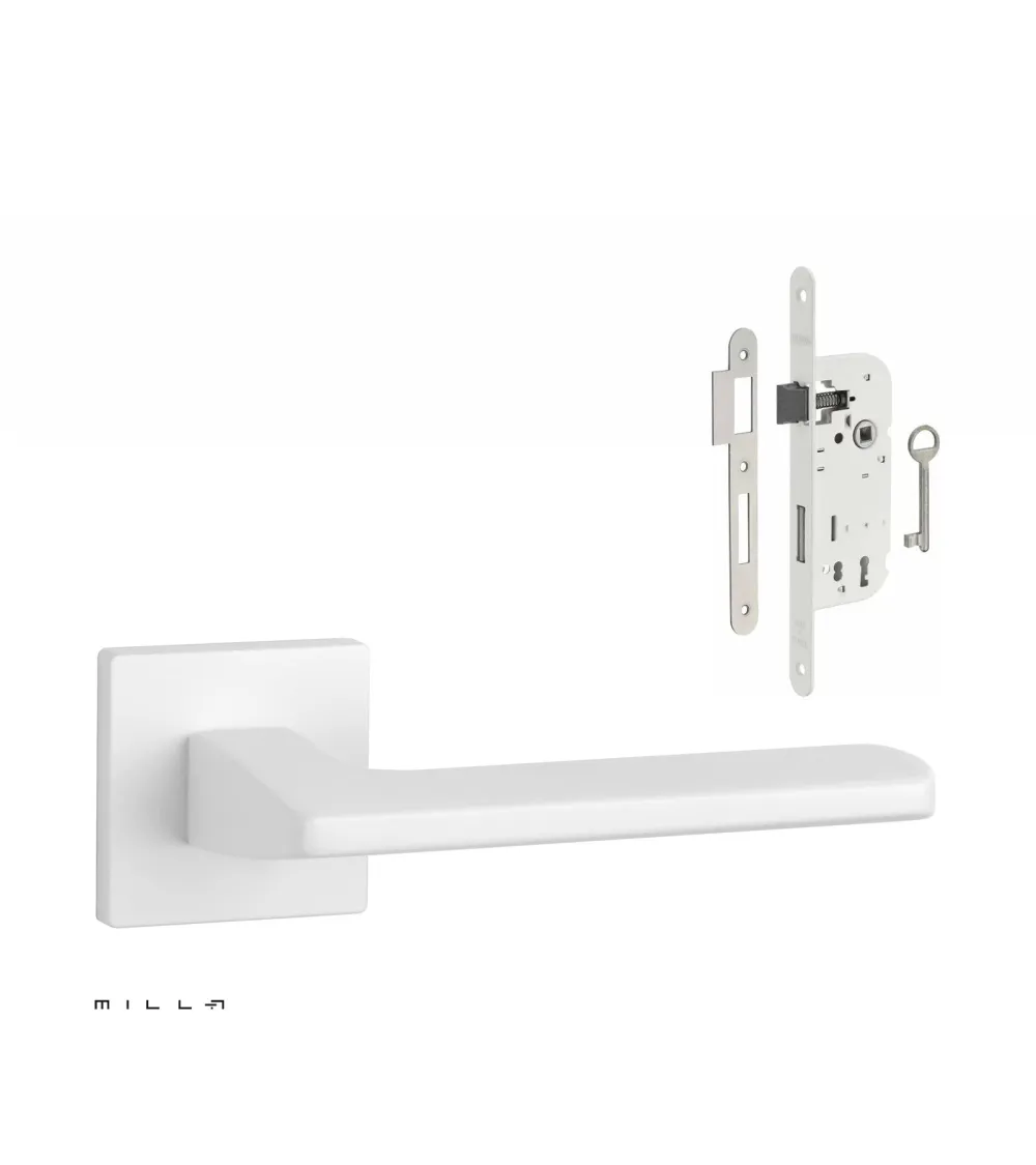 PYROLA white door handle set with white Bedroom Key lock on white background