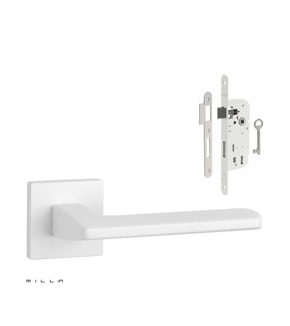 PYROLA white door handle set with white Bedroom Key lock on white background