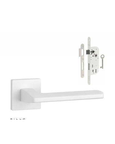 PYROLA white door handle set with white Bedroom Key lock on white background