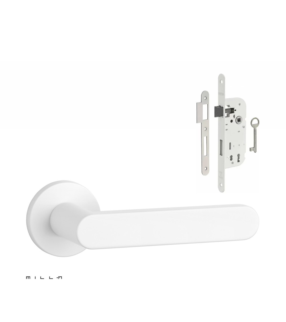 ALORA white door handle set with white Bedroom Key lock on white background