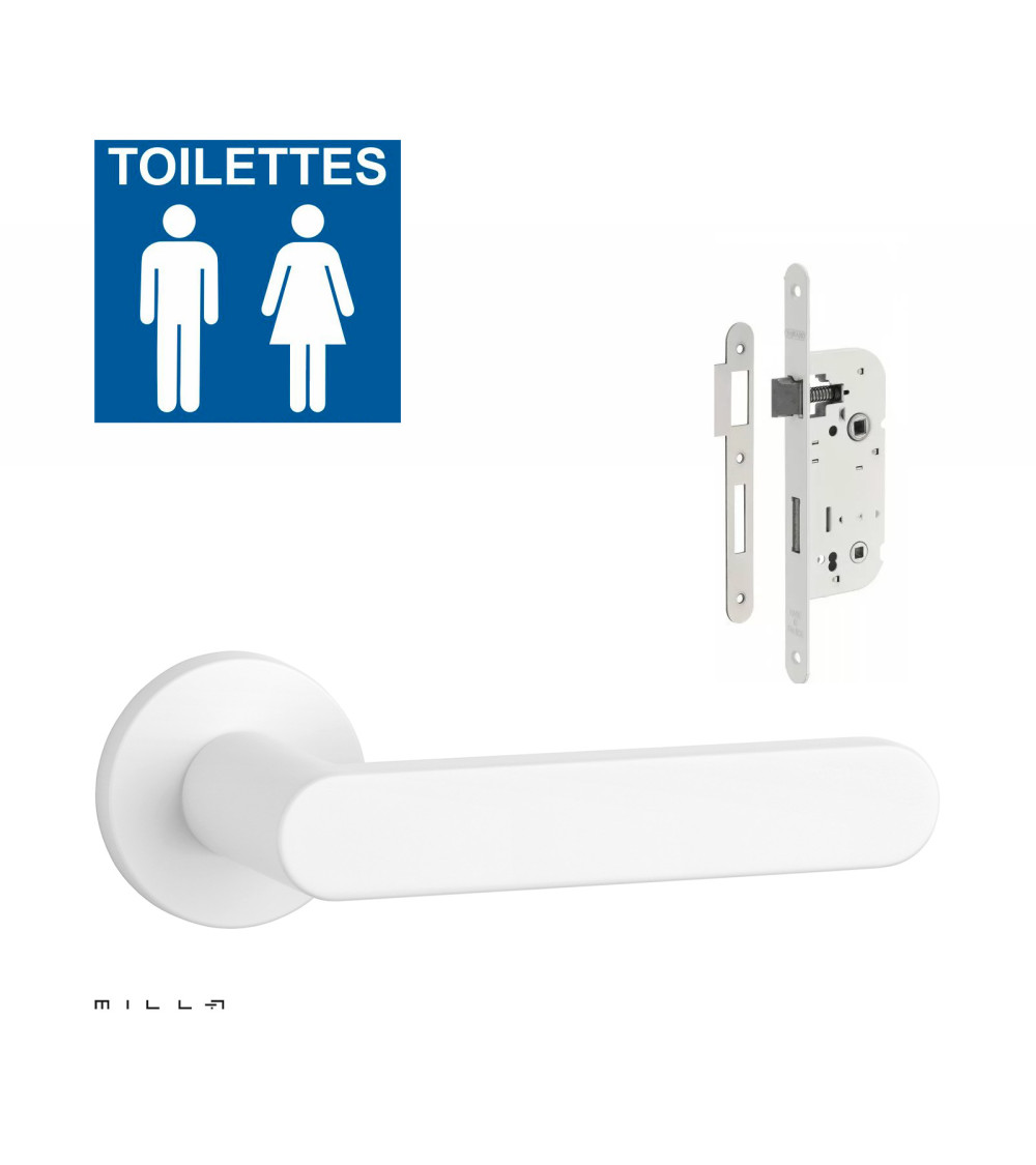 ALORA white door handle set with white WC lock on white background