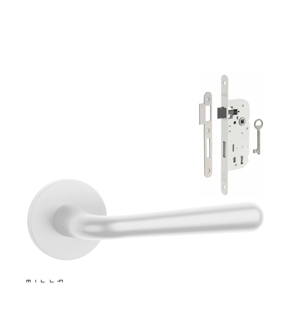 White IRGA door handle set with white bedroom key lock on white background
