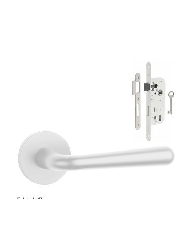 White IRGA door handle set with white bedroom key lock on white background