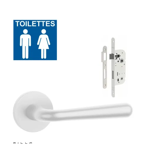 White IRGA door handle set with white WC lock on white background
