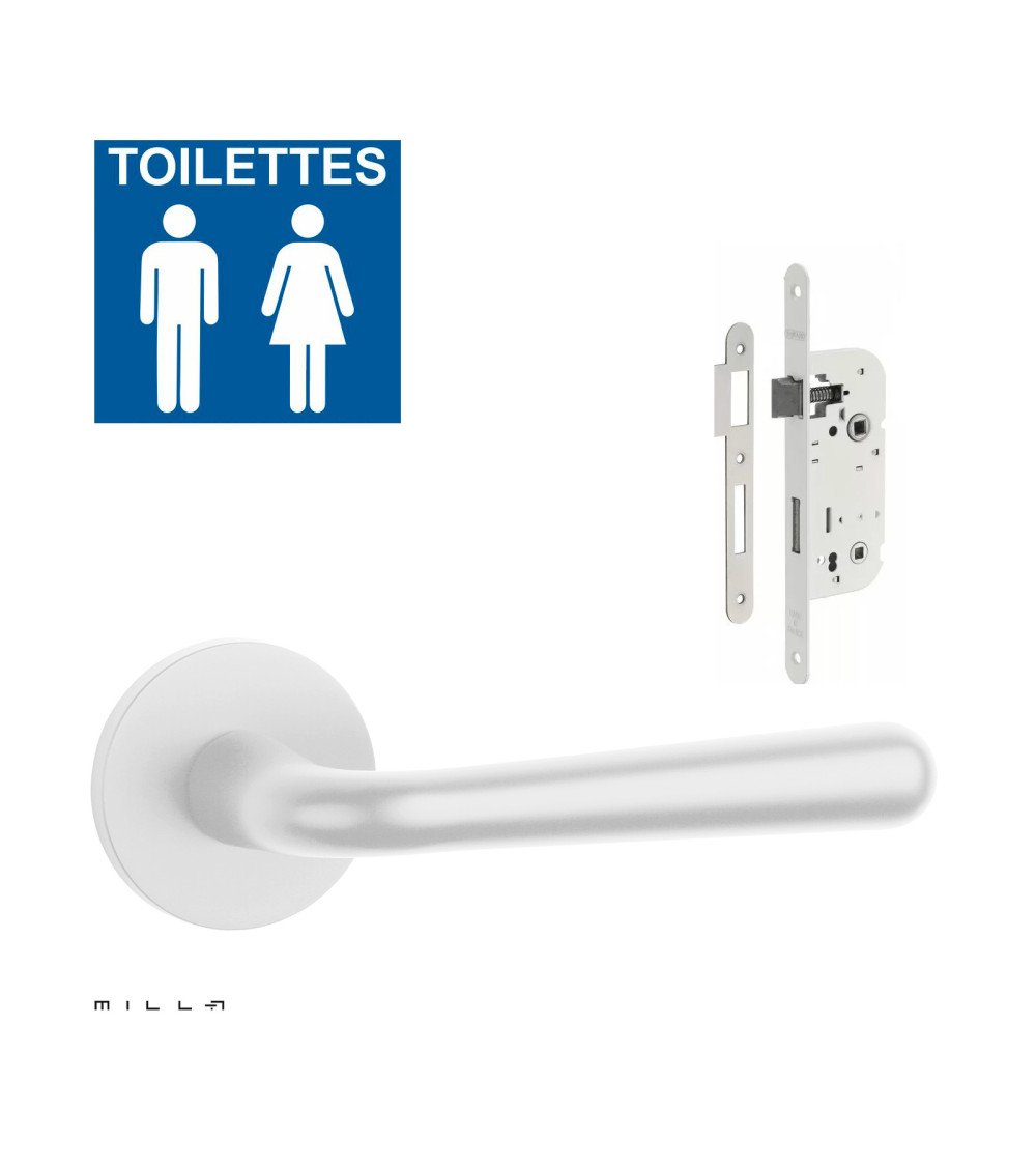 White IRGA door handle set with white WC lock on white background