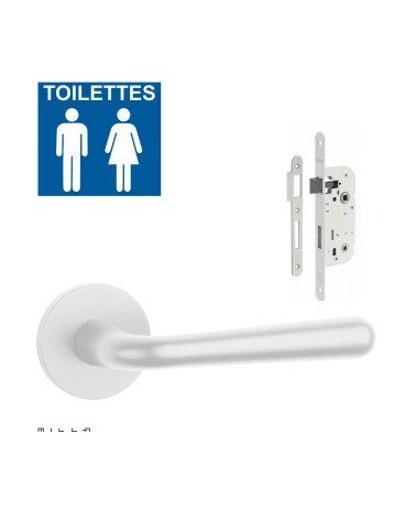 White IRGA door handle set with white WC lock on white background