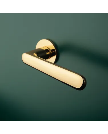 Polished gold ARIA door handle design handle fitted on a door
