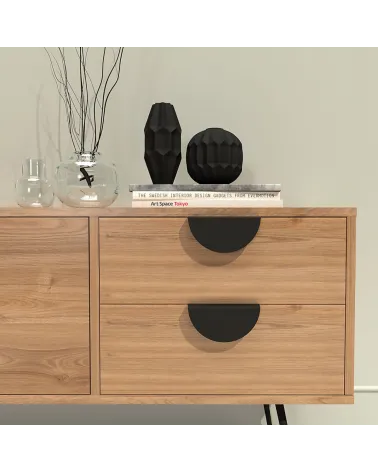 Matt black ZORIA designer furniture handle mounted on wooden furniture
