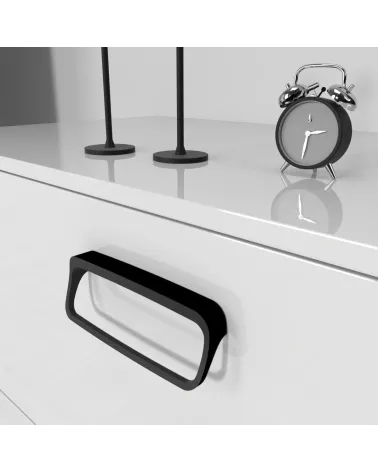 LAGO designer furniture handle in matt black mounted on a unit
