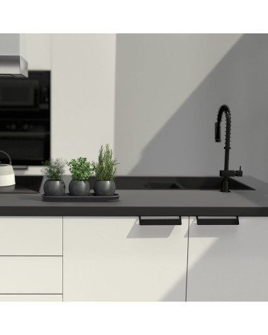 PRATO-2 designer furniture handle in matt black mounted on a kitchen unit