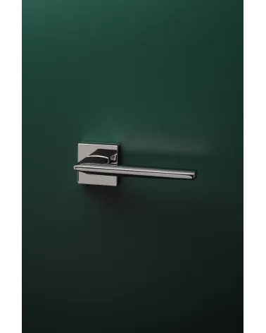 Polished chrome LUNARIA door handle designer handle mounted on a door