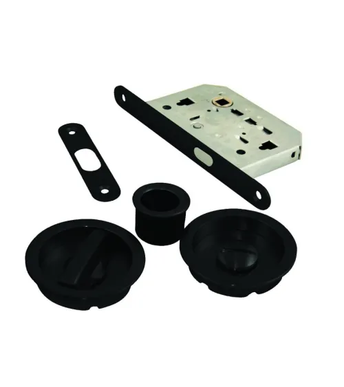 Polished gold round flush pull handle with privacy lock for sliding door - designer hardware
