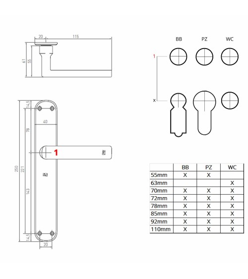 Black handle on classic keyhole escutcheon P1930/P40 - designer handle