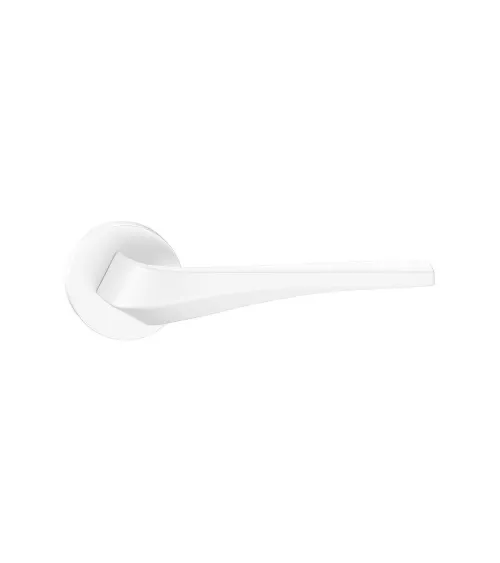 Matt white FLOW door handle on round rosette - designer handle