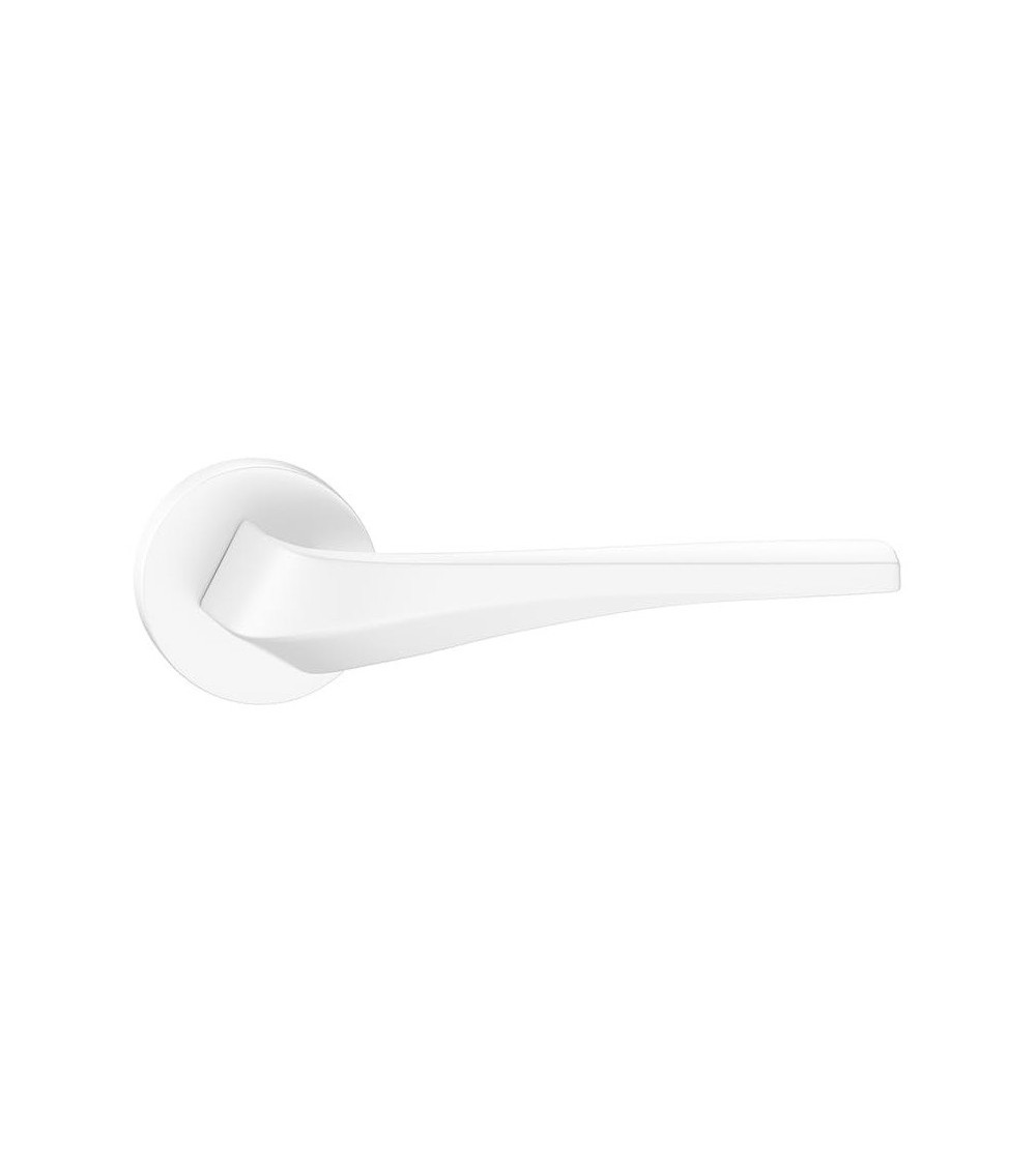 Matt white FLOW door handle on round rosette - designer handle