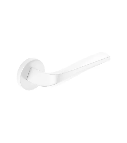 Matt white FLOW door handle on round rosette - designer handle