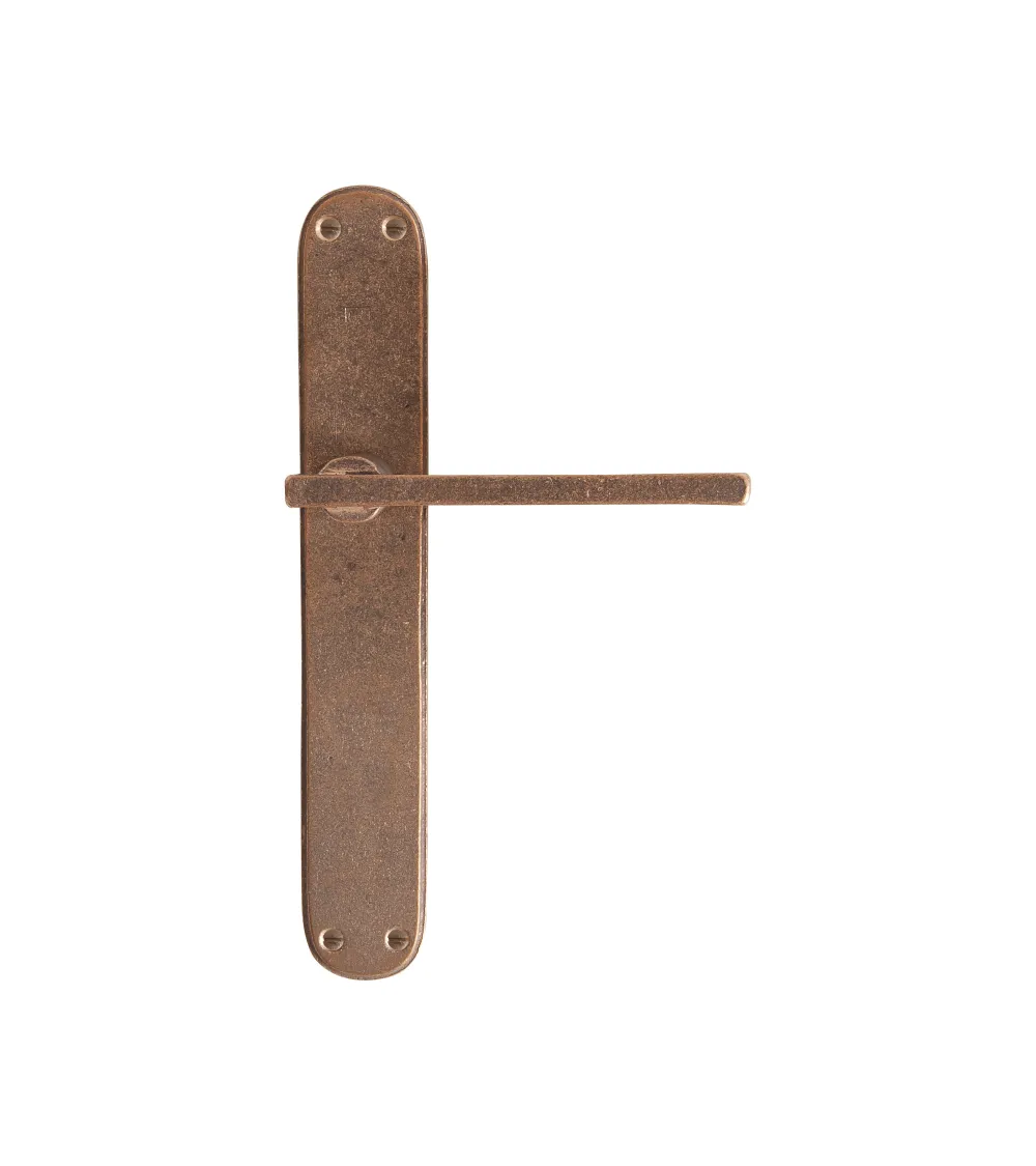Polished brass door handle on bronze backplate P2017 - designer handle