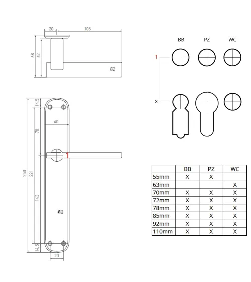 Brushed chrome door handle on bronze plate P2017 - designer handle