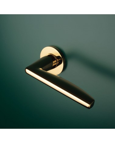 Polished gold LUNA door handle design handle mounted on a door