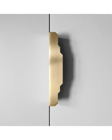 Karla Edge brushed brass furniture handle bedroom handle placed vertically on furniture