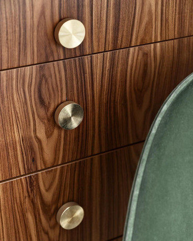 TOVE matte gold furniture knob design handle front view aligned vertically on a chest of drawers