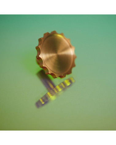 LEXI polished gold furniture knob designer handle large model tilted view on a reflective surface